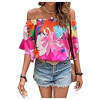 OYOANGLE Women's Boho Floral Print Off Shoulder 3/4 Sleeve Shirred Blouses Casual Top Shirts