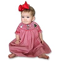 Baby Girls Red Christmas Bishop Dress with Smocked Santa Claus Tree and Snowman