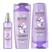 L'Oreal Paris Elvive Hyaluron Plump Hydrating Shampoo & Conditioner, 12.6 Fl Oz + Elvive Hyaluron Plump Moisture Plump Hair Serum for Dehydrated, Dry Hair with Hyaluronic Acid Care Comple, 4.4 Fl Oz