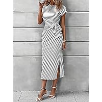 Dress Striped Print Batwing Sleeve Split Thigh Dress