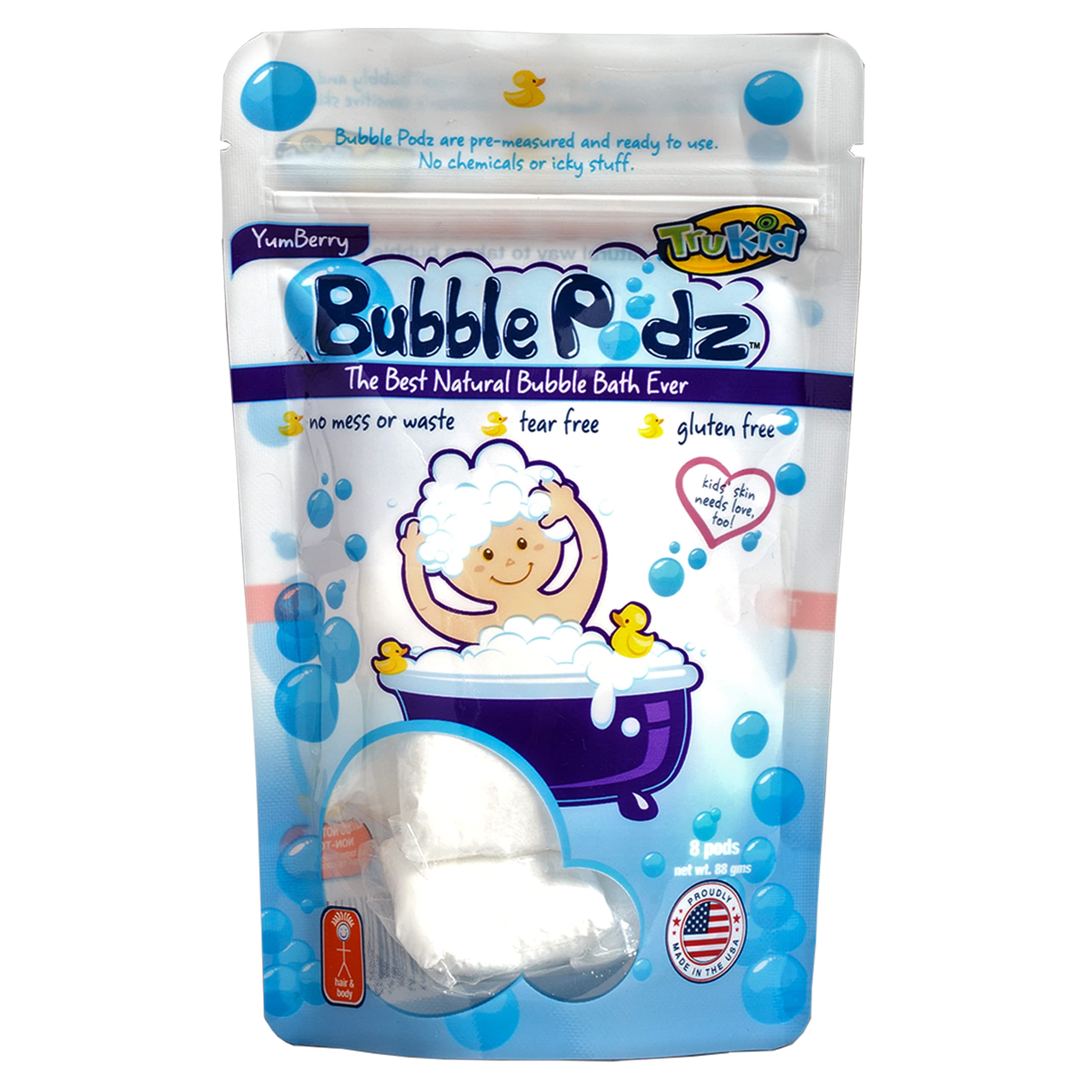 TruKid Bubble Podz Bubble Bath for Baby & Kids, Gentle Refreshing Bath Bomb for Sensitive Skin, pH Balance 7 for Eye Sensitivity, Natural Moisturizers and Ingredients, Yumberry (8 Podz)