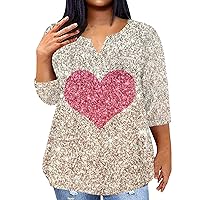 Womens Sweatshirt Valentine's Day Print V Neck Blouses Plus Size Long Sleeve Outfit Lightweight Pullover Tops