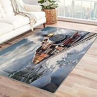 Steam Train Rug 5x7 ft, Steam Engine Area Rug, Retro Train Rugs for Living Room Bedroom, Steam Train Carpet, Kids Room Decor for Boys Girls, Washable Non Slip Soft Low Pile Indoor Area Rugs