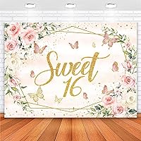 Avezano Sweet 16 Backdrop Blush Pink Flower Butterfly 16th Birthday Party Background for Girls Sweet 16 Birthday Banner Cake Table Cake Dessert Table Decorations (Pink, 7x5ft)