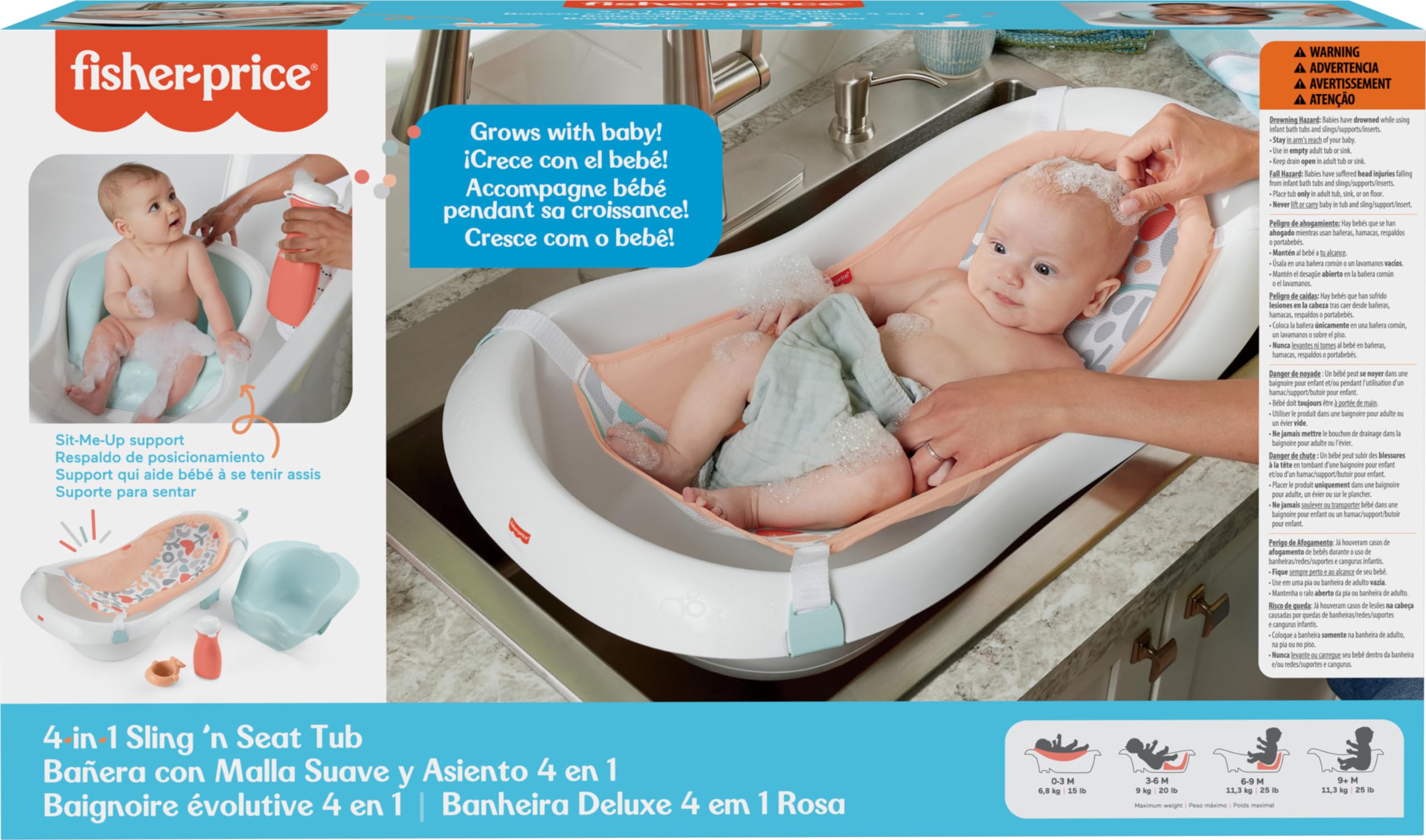 Fisher-Price Baby Bath Tub for Newborn to Toddler with Baby Seat & Bath Toys, 4-in-1 Sling 'n Seat, Summer Blossoms