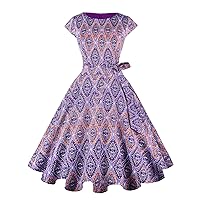 PUKAVT Women's 1950 Boatneck Cap Sleeve Vintage Swing Cocktail Party Dress with Pockets