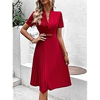 Dresses for Women - Solid Pleated Detail Shawl Neck Belted Dress (Color : Red, Size : X-Large)