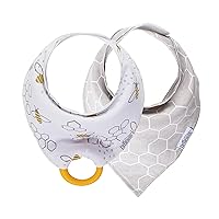 Dr. Brown’s Bandana Bib with Snap-On Removable Teether, Cotton Baby Bib with Soft Fleece Lining for Teething & Drooling, 3m+, 2-Pack, Bees & Gray Honeycomb