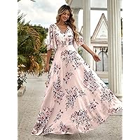 Women's Dress Floral Print Butterfly Sleeve Chiffon Dress Women's Dress (Color : Pink, Size : X-Large)