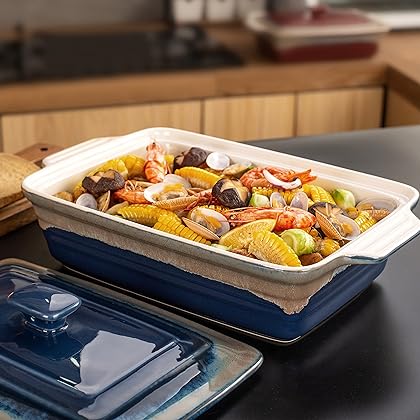 4.5 Quart Casserole Dish with Lid, LOVECASA Covered Casserole Dish Cookware, 13 x 9 Inches Nonstick Baking Dish Lasagna Pan Deep, Ceramic Bakeware for Oven, Easy to Clean, Indigo Gray Gradient