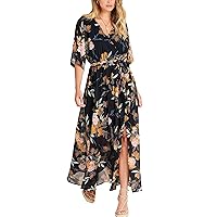 ANRABESS Women’s Summer Loose Boho Flowy Wrap V Neck 3/4 Sleeve Floral Print Slit Beach Wedding Guest Long Maxi Dresses 2024