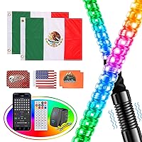 2PCS 2FT Whip Lights for UTV ATV with Spring Base, Tripled Brighter Led Whip Light W/Rocker Switch & 6 Flags(Includes Mexican Flags), Spiral Chasing Lighted Antenna Whip with APP & Remote Contro