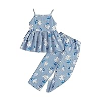 Girl's 2 Piece Outfits Floral Print Layered Ruffle Hem Cami Top and Pants Set