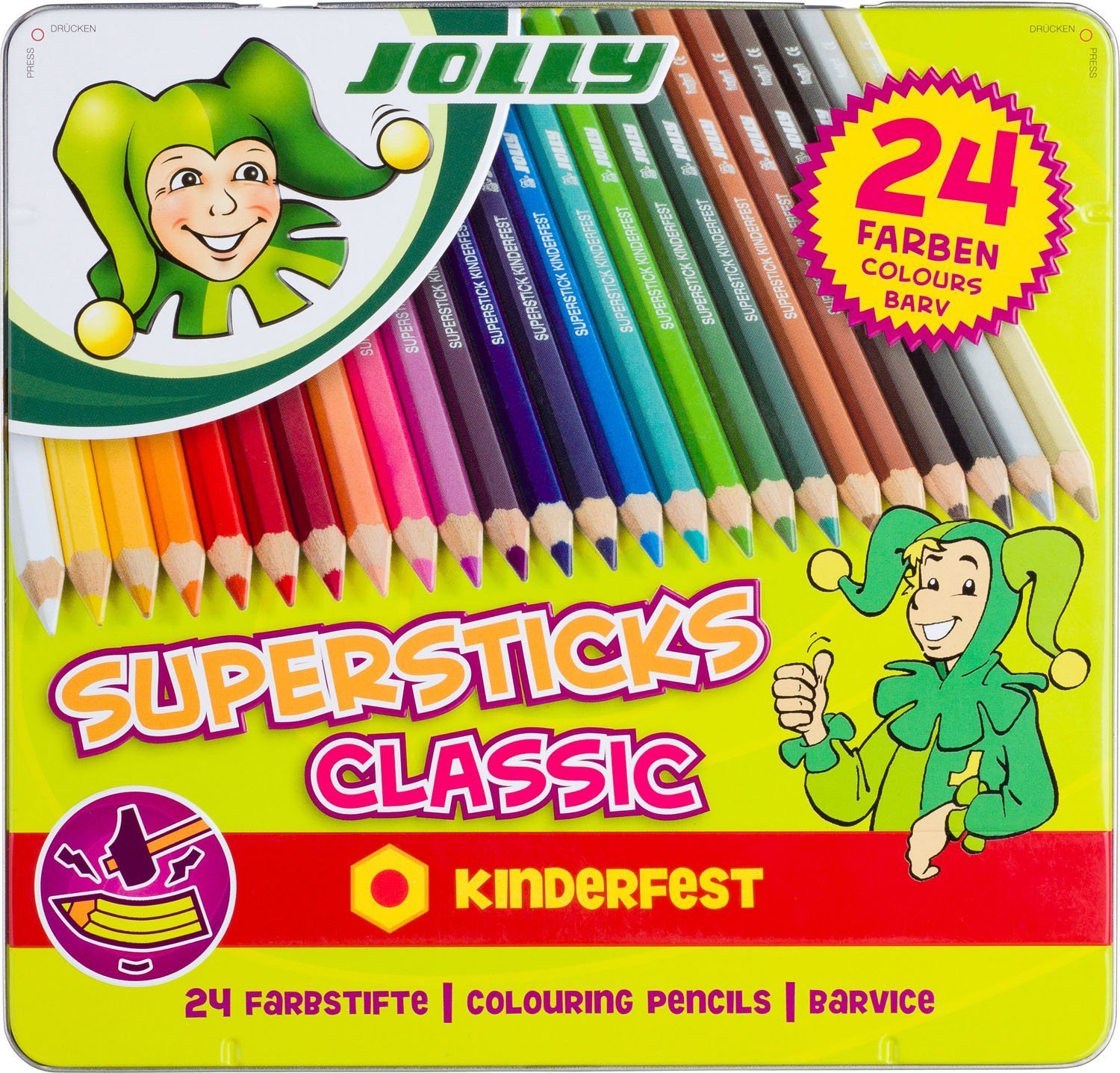 JOLLY Supersticks Premium European Colored Pencils with Tin Carrying Case; Set of 24, Arts and Crafts, Perfect for Adult and Kids Coloring