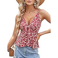 HUHOT Women's Floral Ruffle Top Tie Front Sleeveless V Neck Adjustable Spaghetti Strap Cami