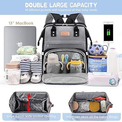 LexiRoman Diaper Bag Backpack, Multifunction Travel Back Pack Maternity Baby Changing Bags, Large Capacity, Waterproof and Stylish, Black Gray