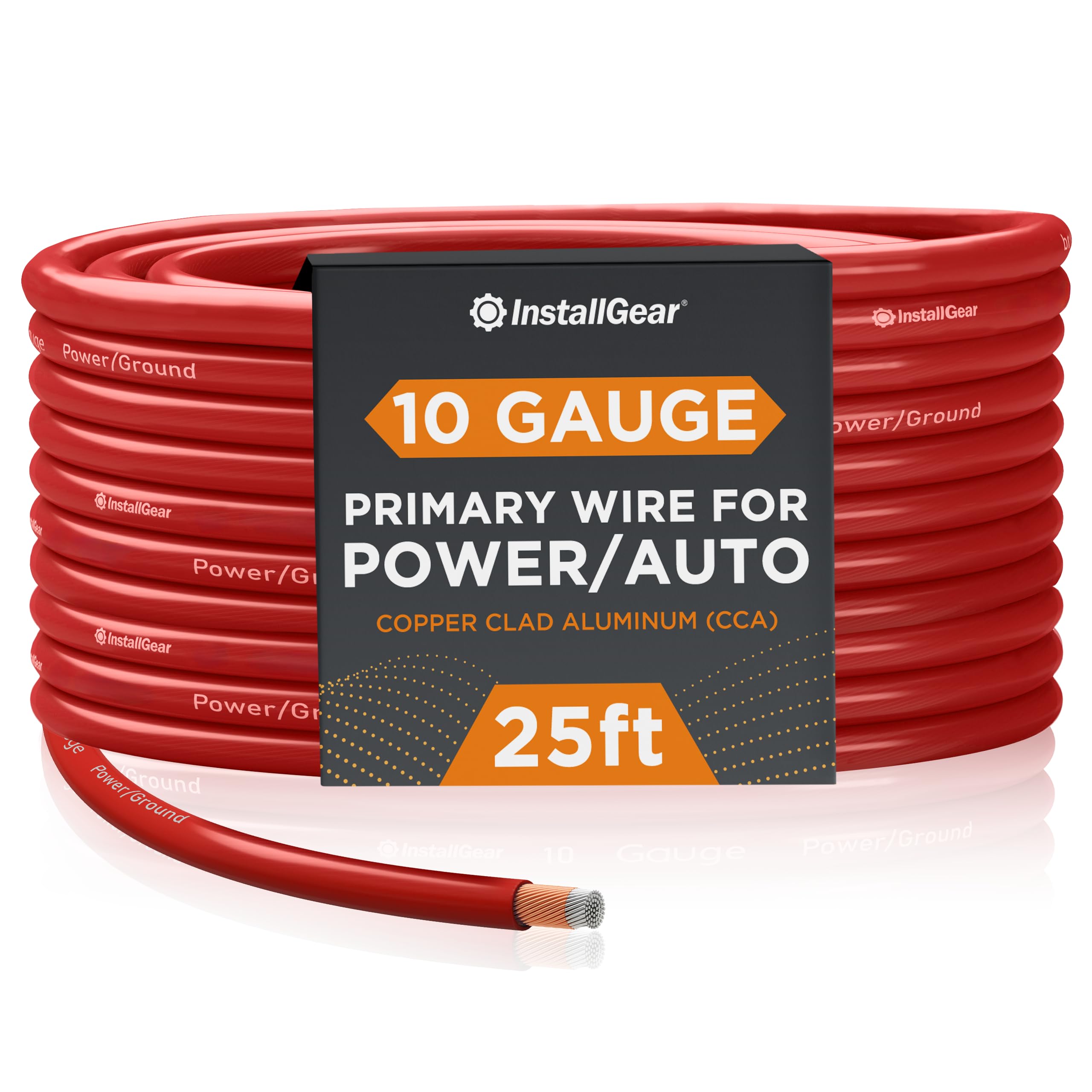 InstallGear 10 Gauge Wire (25ft) Copper Clad Aluminum CAA - Primary Automotive Wire, Car Amplifier Power & Ground Cable, Battery Cable, Car Audio Speaker Stereo, RV Trailer Wiring Welding Cable 10ga