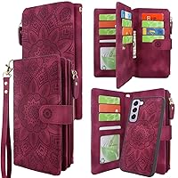 Harryshell Detachable Magnetic Zipper Wallet Leather Case with Cash Coin Pocket 12 Card Slots Holder Wrist Strap Lanyard for Samsung Galaxy S23+ S23 Plus 5G (2023) (Flower Wine Red)