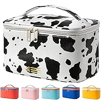 Makeup Bag Portable Travel Cosmetic Bag for Women, Beauty Zipper Makeup Organizer PU Leather Washable Waterproof (Cow Print)
