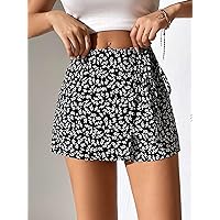 Women's Shorts Ditsy Floral Print Knot Side Wrap Hem Skort Women's Shorts Shorts for Women (Color : Black, Size : XX-Small)