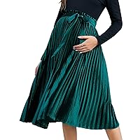 Maternity Skirts Velvet High Elastic Waisted A Line Pleated Ruffle Holiday Skirt with Belt