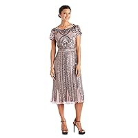 R&M Richards Women's Petite Tea Length Beaded Mesh Gown W/Sequins Embellishments, Mauve