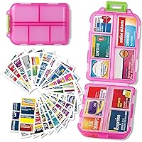 Pill Organizer with Medicine Labels Travel Daily Pill Container Mini Medication Organizer Storage Pill Organizer Pill Case 7 Day Pill Organizer(Pink, 146 Lables)