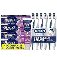 CrossAction Soft Toothbrushes, Deep Plaque Removal (6 Count) + Crest 3D White Toothpaste, Advanced Luminous Mint, Teeth Whitening Toothpaste, 3.7 Oz (Pack of 4)