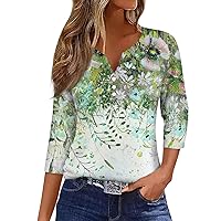 COTECRAM 3/4 Length Sleeve Womens Tops 2024 Trendy Casual Loose Fit Henley V Neck T Shirts Spring Dressy Blouses Tunic Tops