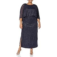 S.L. Fashions Women's Plus Size Glitter Mesh Capelet Gown with Side Slit