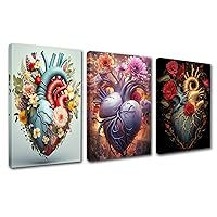 Abstract Human Heart with Veins Wall Canvas Wall Art Body Structures Poster Artwork Anatomical Biology with Flowers Picture Wall Decor for Home Wall Decor Modern Artwork Stretched Easy to Hang 42”x20”