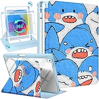for iPad 9th/8th/7th/Air 3rd Generation Case 10.2& for iPad Pro 10.5 Inch Cases 360 Degree Rotating Stand Folio Cover with Pencil Holder Cute Cartoon Shark Kids for Apple iPad 2021/2020/2019