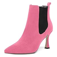Womens Pointed Toe Cold Weather Bungee Performance Suede Stiletto High Heel Ankle High Boots 3.3 Inch