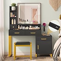 DWVO Makeup Vanity with Lights,Vanity Desk with Power Strip, Large Vanity Desk with Storage Shelves, 3 Lighting Colors, Black