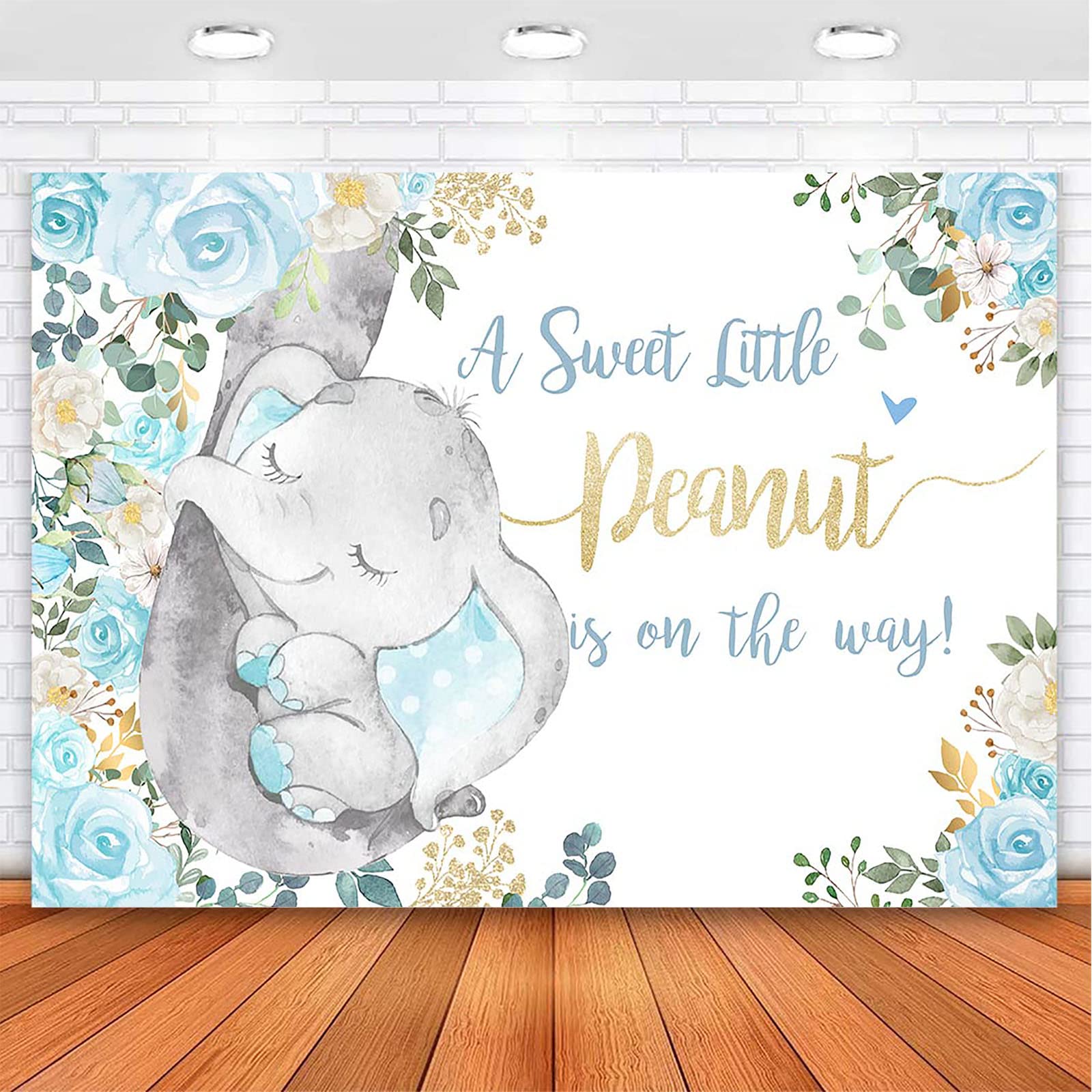 Avezano Elephant Baby Shower Backdrop Blue Floral Sweet Little Peanut is on The Way Elephant Baby Shower Party Decorations for Boys Elephant Baby Shower Party Cake Table Banner 7x5ft