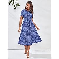 Summer Dresses for Women 2022 Ditsy Floral Button Front Belted Dress Dresses for Women (Color : Blue, Size : X-Small)