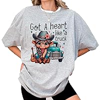 DuminApparel I Got A Heart Like A Truck Highland Cow T Shirt Women Country Girl Shirts Multicolor