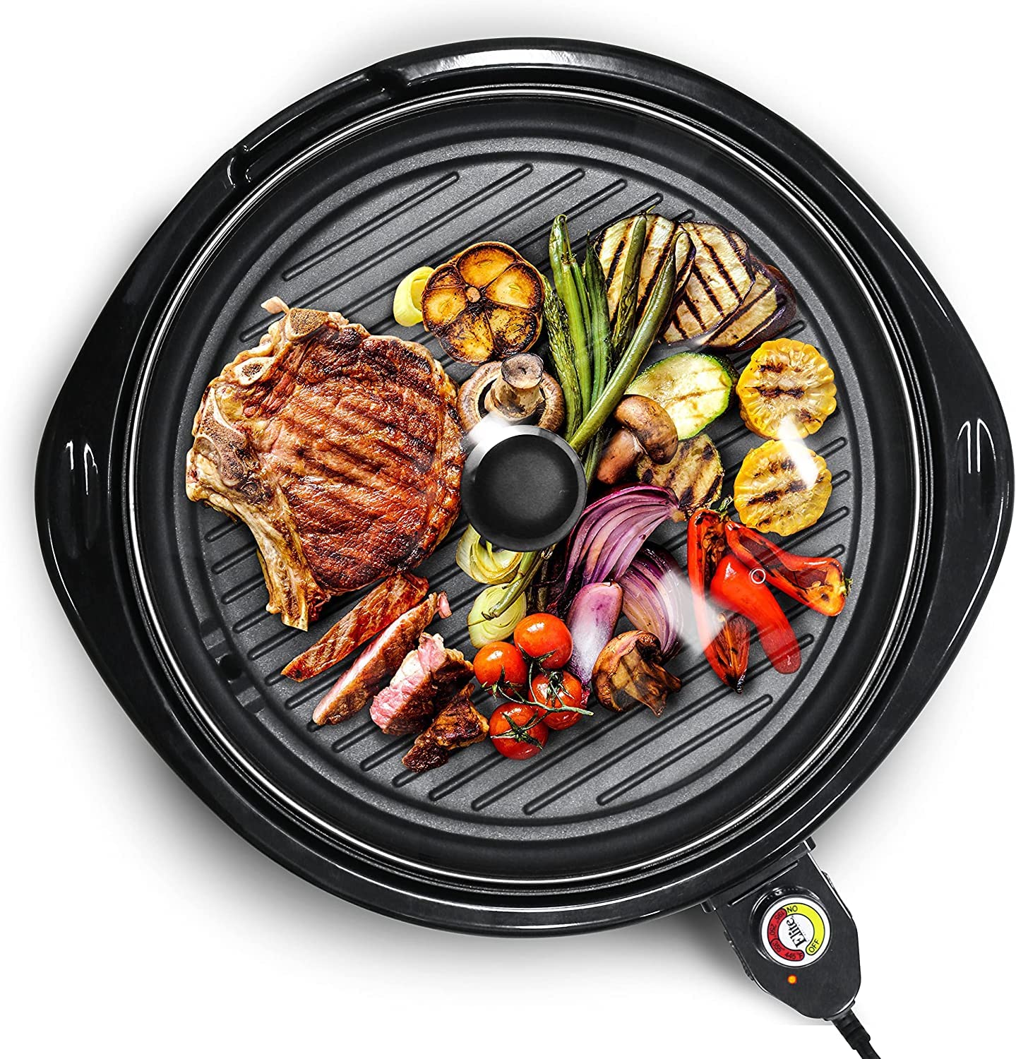 Elite Gourmet Smokeless Indoor Electric BBQ Grill with Glass Lid, Dishwasher Safe, Nonstick, Adjustable Temperature, Fast Heat Up, Low-Fat Meals Easy to Clean Design