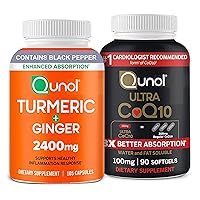 Qunol Turmeric Curcumin with Black Pepper & Ginger 2400mg, 105 Count + CoQ10 100mg Softgels, Ultra CoQ10 100mg, 3X Better Absorption, 3 Month Supply, 90 Count