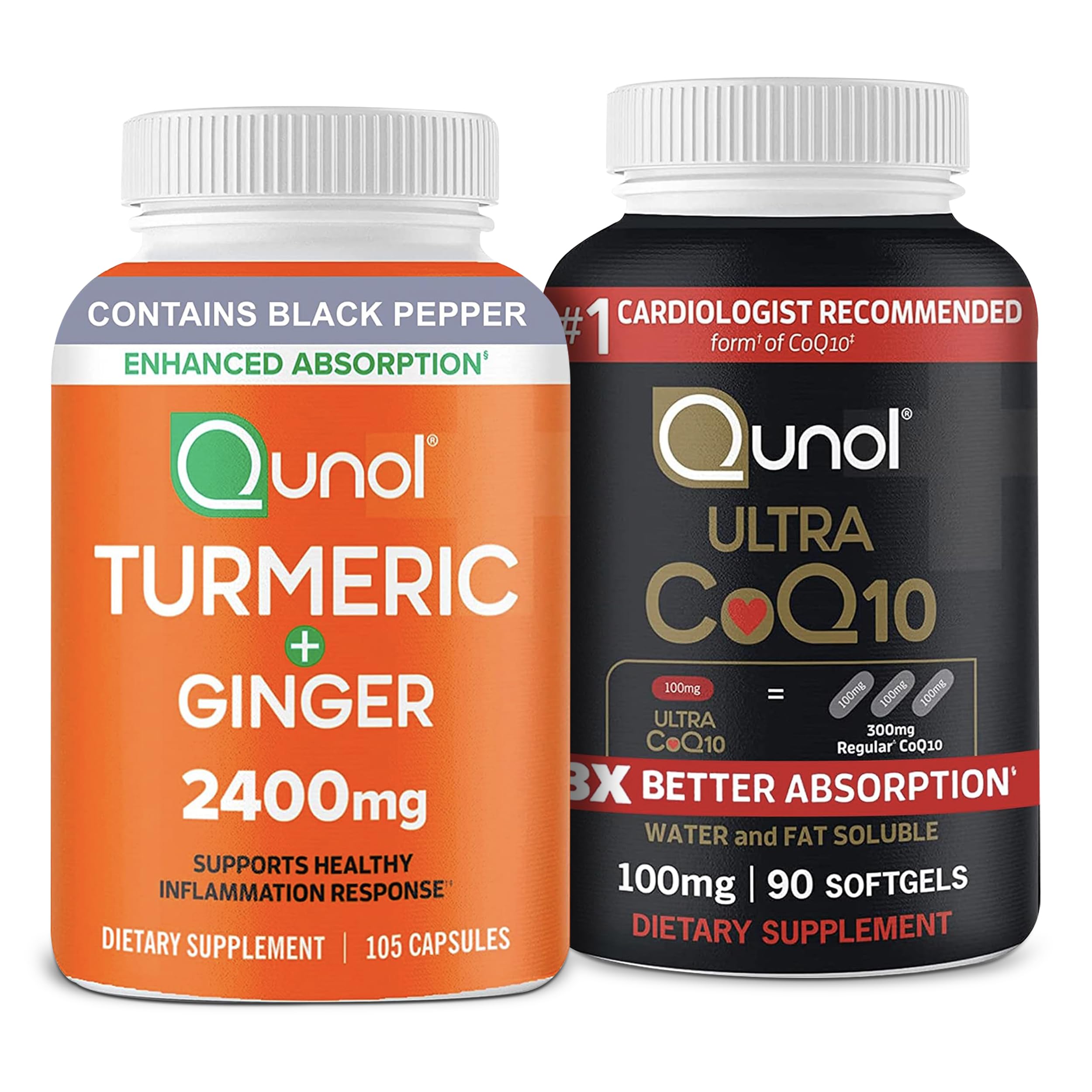 Qunol Turmeric Curcumin with Black Pepper & Ginger 2400mg, 105 Count + CoQ10 100mg Softgels, Ultra CoQ10 100mg, 3X Better Absorption, 3 Month Supply, 90 Count
