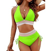 Blooming Jelly Women High Waisted Bikini Sets Tummy Control Swimsuits Color Block Two Piece Drawstring Bathing Suit