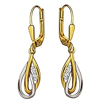 CLEVER SCHMUCK Golden Women's Earrings 30 mm Drop 15 mm in Double Look Bicolour with 3 Shiny Zirconia 333 Gold 8 Carat in Case White, Yellow Gold, Cubic Zirconia