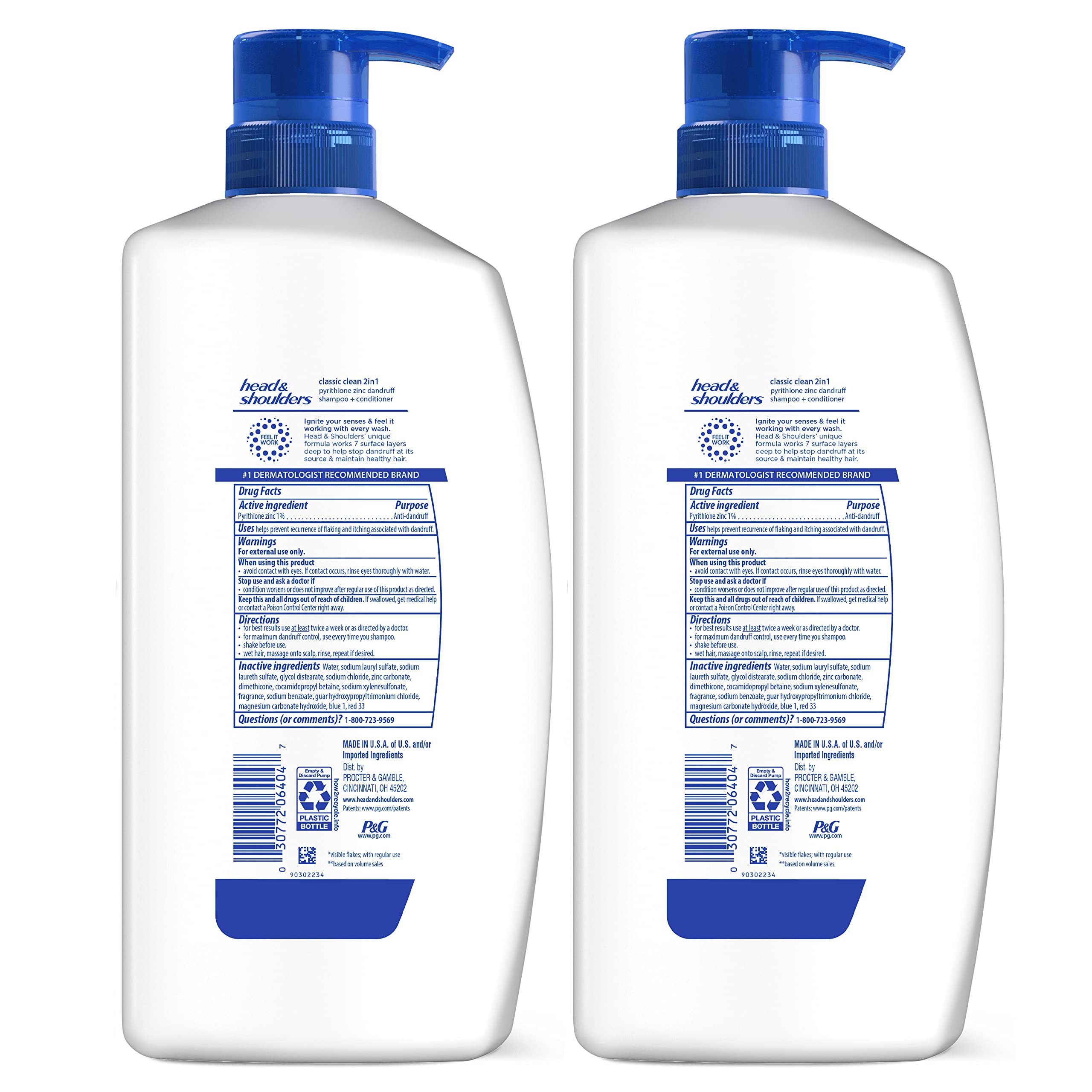 Head and Shoulders Shampoo and Conditioner 2 in 1, Anti Dandruff Treatment & Scalp Care, Classic Clean Scent, for All Hair Types including Color Treated, Curly or Textured Hair, 32.1 fl oz, Twin Pack