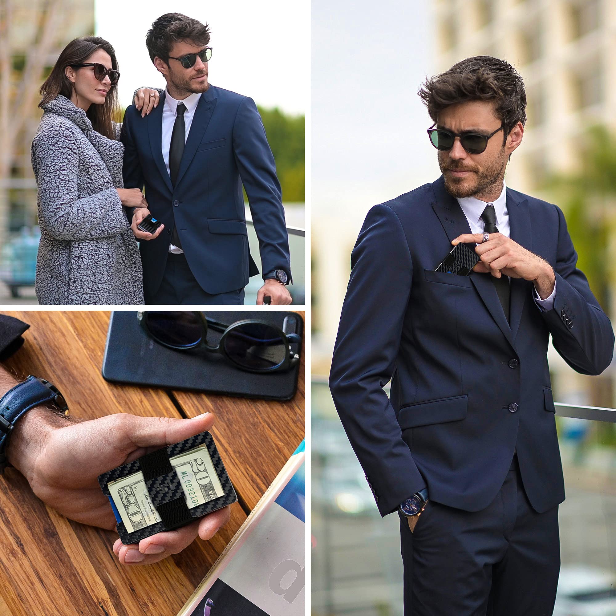 Fidelo Minimalist Wallet For Men - Slim RFID Blocking Mens Wallets Credit Card Holder. 3K Carbon Fiber. Compact Wallet Comes With 4 Cash Bands (Black, Dark Grey, Light Grey & Blue) - Prestige