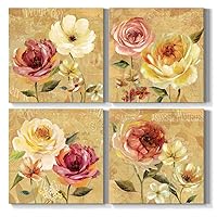French Country Garden Flower Spring Collection Print 4 Panels Set Décor for Home Office Wall Art, 16 x 16 in Canvas