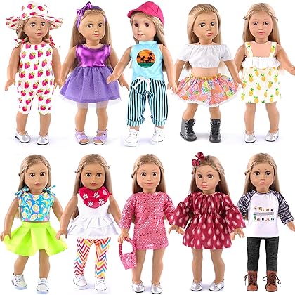 ebuddy Doll Clothes 10 Sets 18 Inch Doll Clothes and Accessories for 18 inch Girl Doll Include Dress Handbag Headband Hat and Rompers