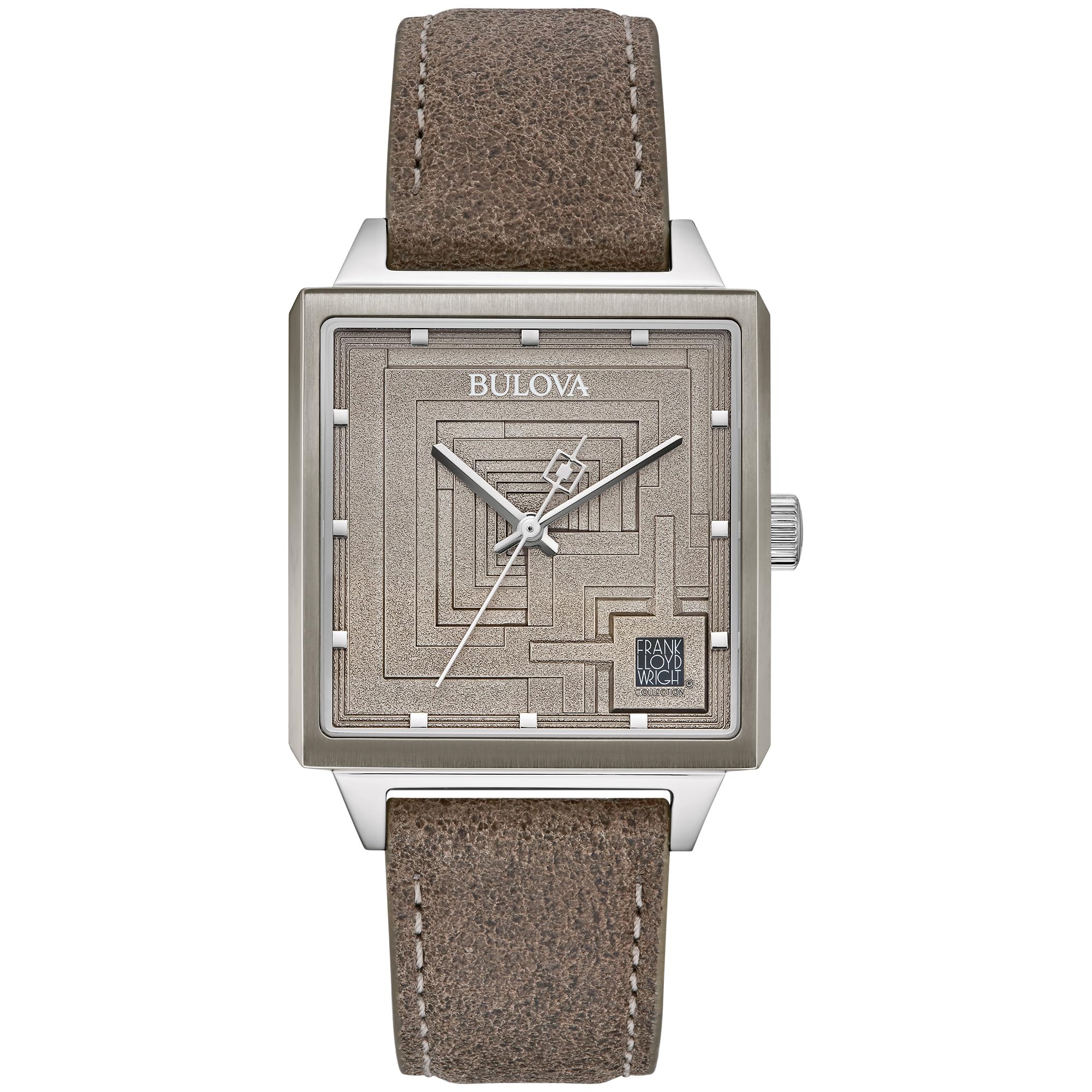 Bulova Men's Frank Lloyd Wright Limited Edition 'Ennis House' Silver Stainless Steel Watch, Grey Leather Strap Watch, Textured Medallion Grey Pattern Dial, 3 Hand (Model: 96A314)