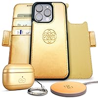 Dreem Bundle: Fibonacci Wallet-Case for iPhone 14 Pro Max with Om Case for AirPods Pro 2 and Empower Wireless Charger Pad [Gold]
