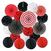 Hanging Paper Fan Set, Tissue Paper Pom Poms Flower Fan and Honeycomb Balls for Birthday Baby Shower Wedding Festival Decorations - Red Black and White