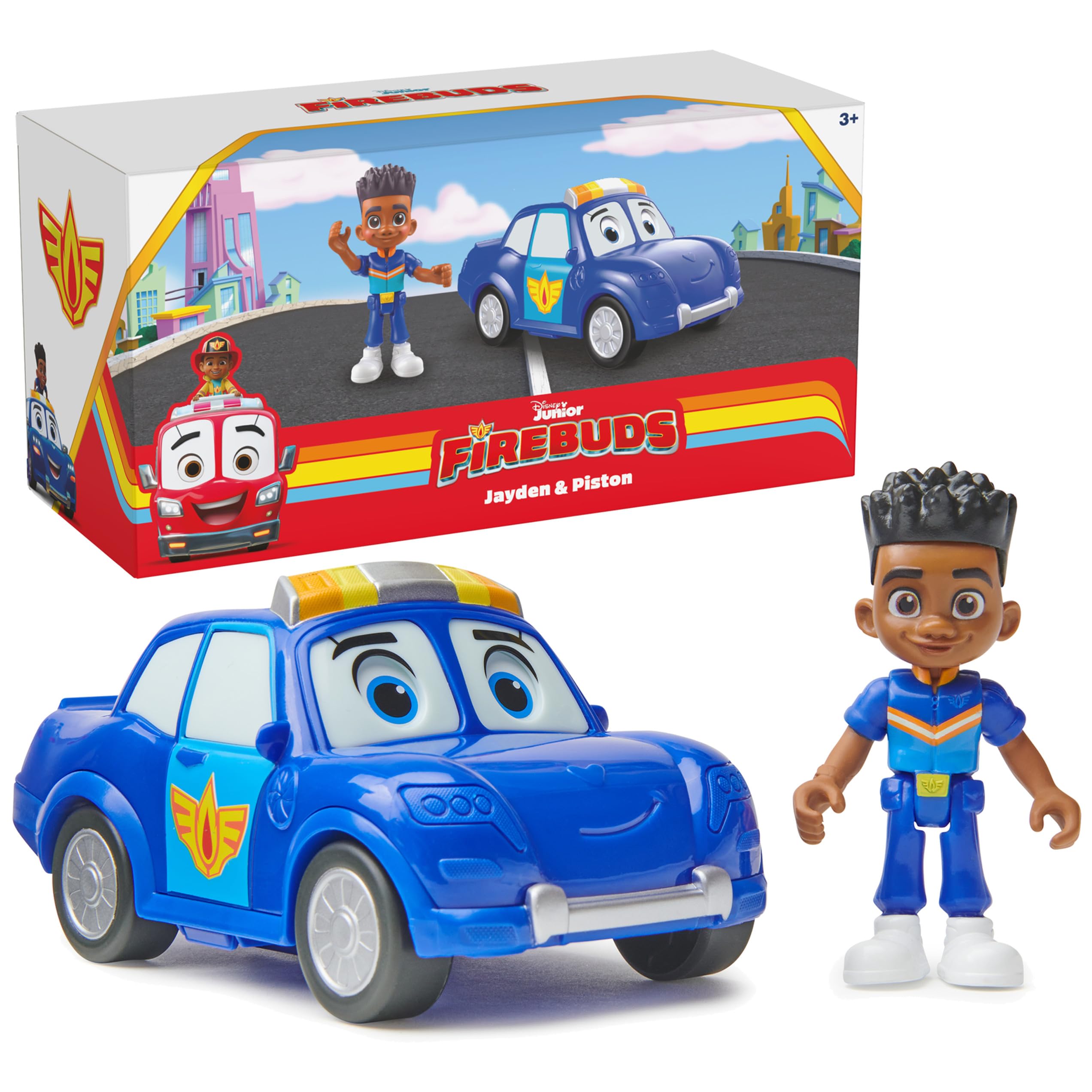 Disney Junior Firebuds, Jayden and Piston, Action Figure and Police Car Toy with Interactive Eye Movement, Kids Toys for Boys and Girls Ages 3 and up